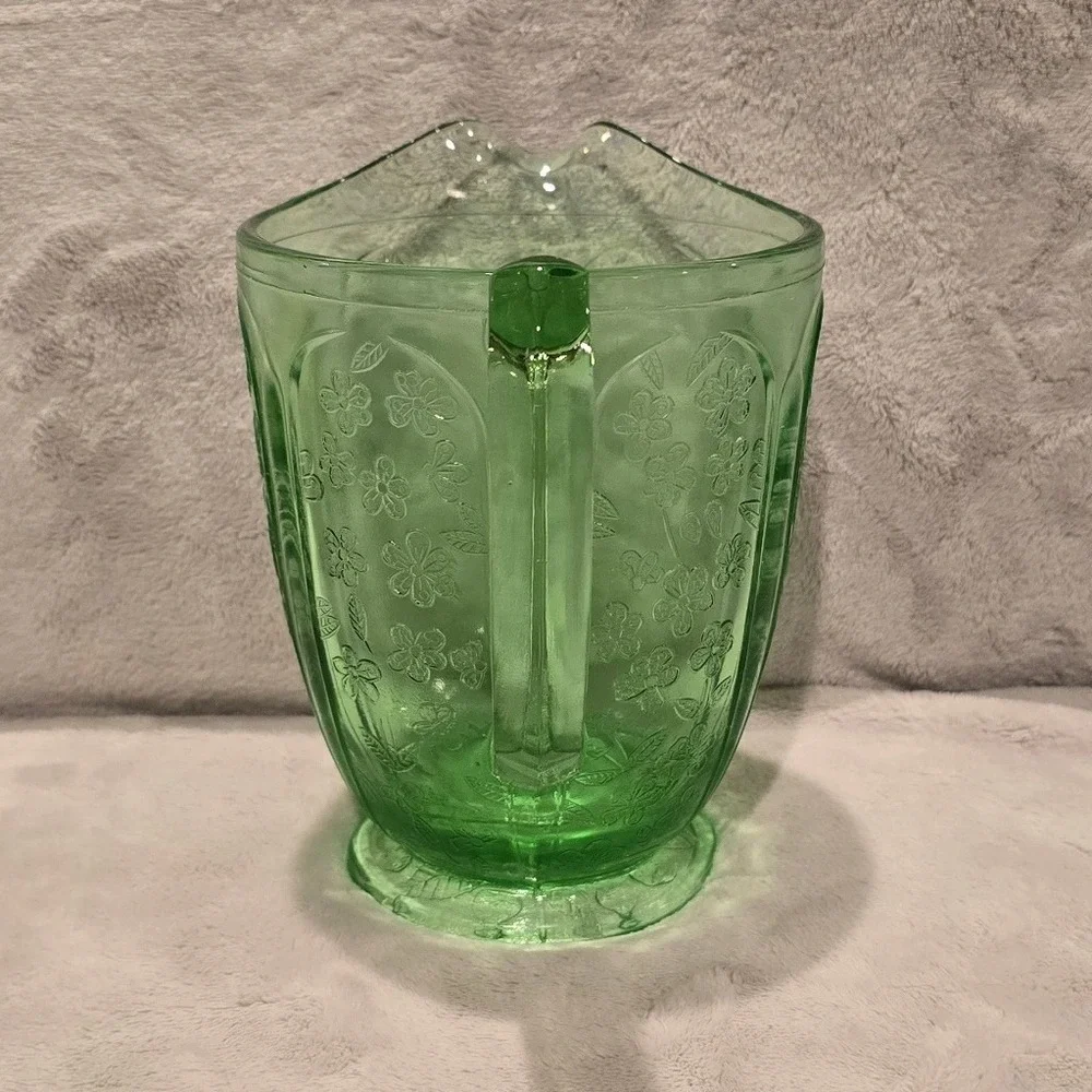 Vintage Jeannette Glass Cherry Blossom Green Depression Glass Pitcher 1930s 6.75